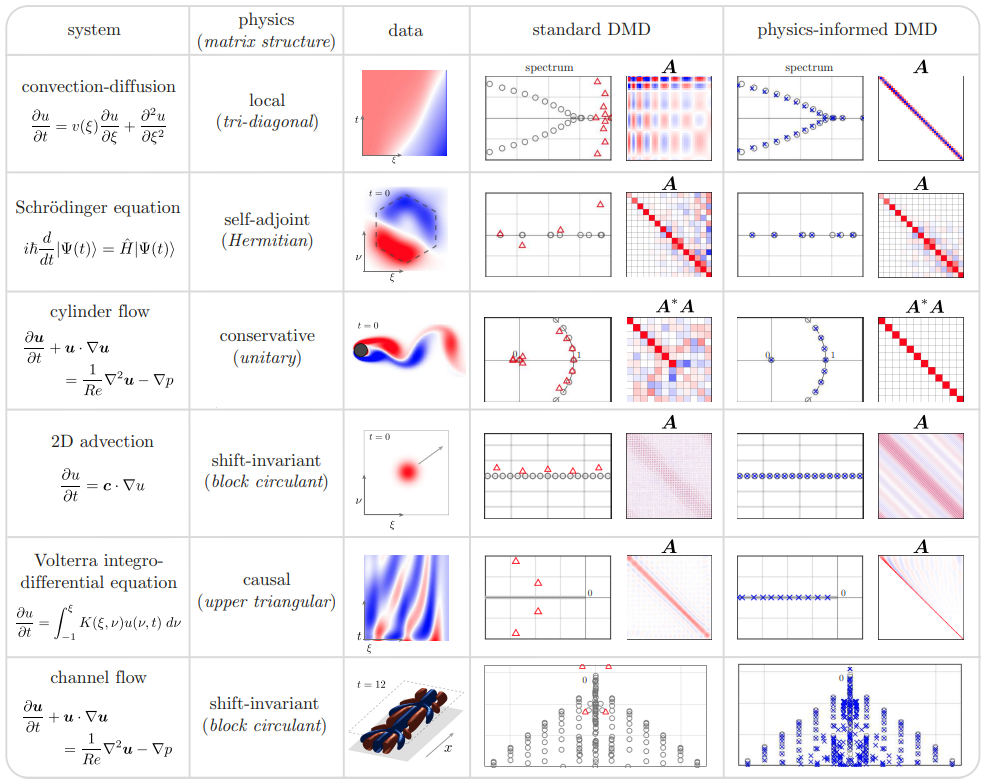 a matrix of example dynamical systems and the corresponding piDMD method